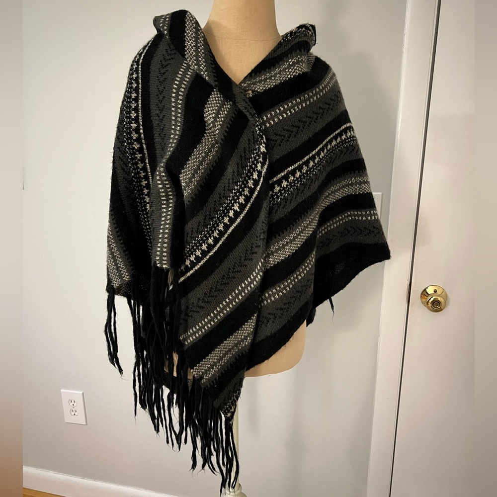 Black and Gray Striped Poncho with Fringe